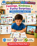 Weather seasons and everyday places audio stories for kids with printable worksheets, video access, and sticker thinking activities.
