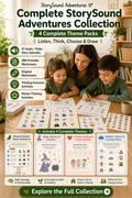 Complete StorySound Adventures bundle with audio stories, video access, printable worksheets, and sticker thinking activities for kids.