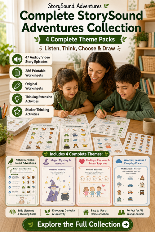 Complete StorySound Adventures bundle with audio stories, video access, printable worksheets, and sticker thinking activities for kids.