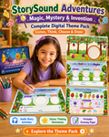 Magic mystery audio stories for kids with printable worksheets, video story access, and creative thinking activities.