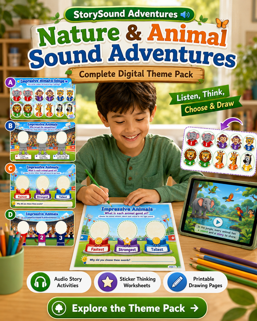 Nature and animal audio stories for kids with printable worksheets, video access, and sticker thinking activities.