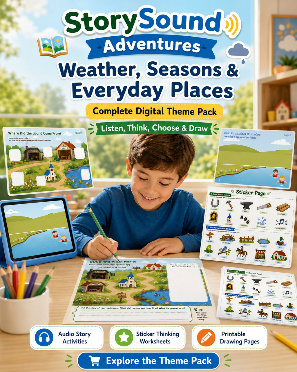Weather seasons and everyday places audio stories for kids with printable worksheets, video access, and sticker thinking activities.